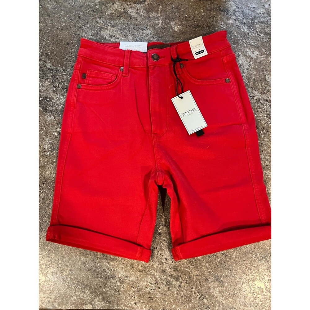 Judy Blue JB150279 Red High Waist Tummy Control Bermuda Shorts Size M NWT